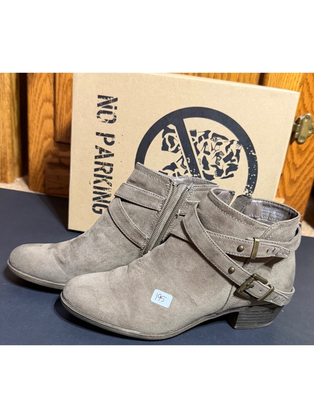 Taupe Suede Ankle Boots with Buckle Straps and Side Zipper, Size 7